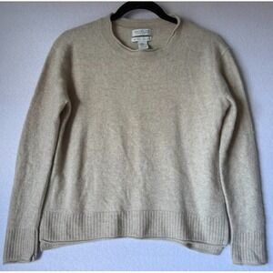 Rachel Zoe 100% Cashmere 2 Ply Sweater Women M Beige Crew Neck Ribbed Hem Luxury